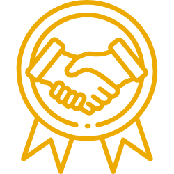 Icon of a handshake inside a ribbon badge, representing partnership or certified collaboration