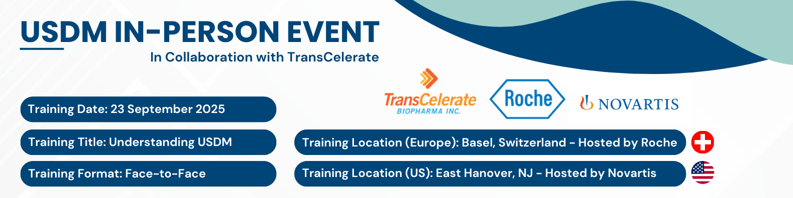 Banner for USDM in-person training event on 23 September 2025. Training title: Understanding USDM. Locations: Basel, Switzerland hosted by Roche, and East Hanover, NJ hosted by Novartis. In collaboration with TransCelerate